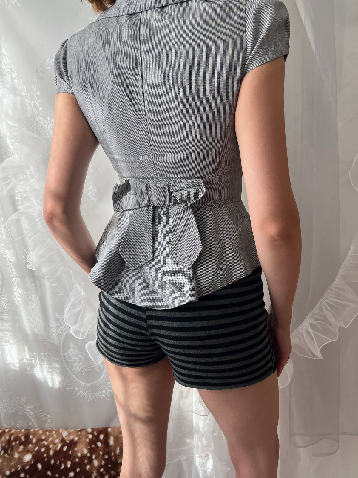 Y2K grey button up blazer jacket with ruffle details