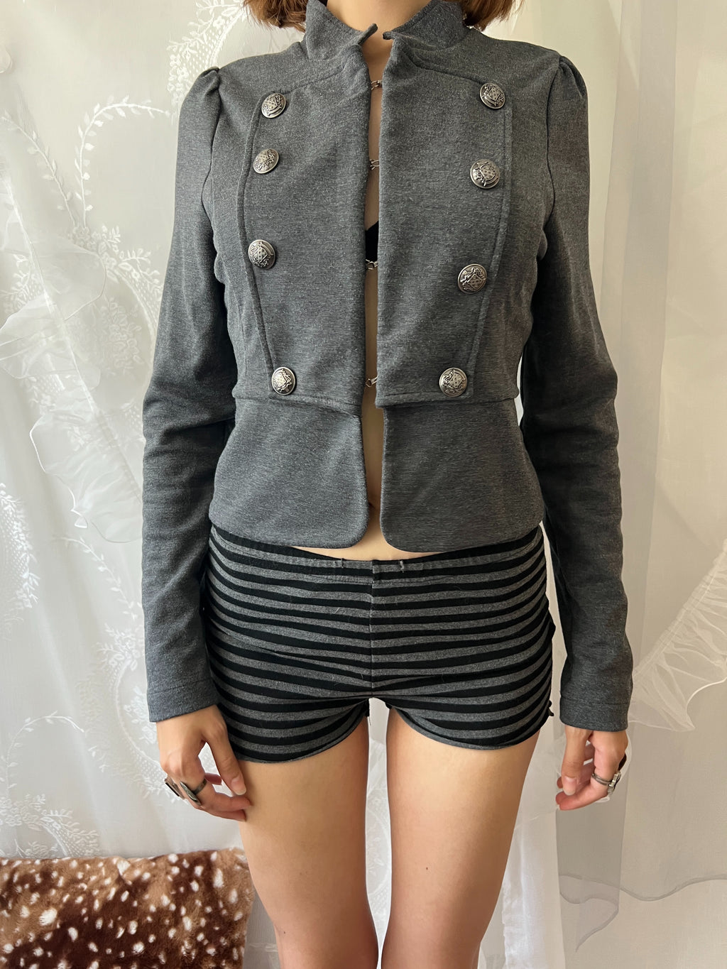 Y2K grey military style jacket with double breasted front and silver buttons