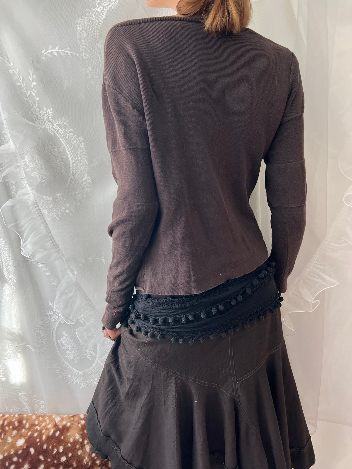 Brown off the shoulder/asymmetrical long sleeve top with button details