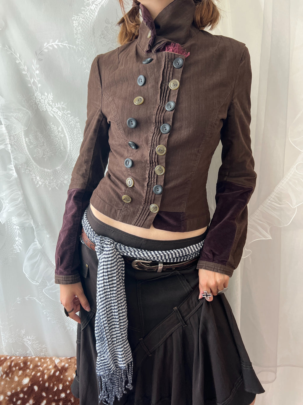 Brown double buttoned asymmetrical avant garde jacket