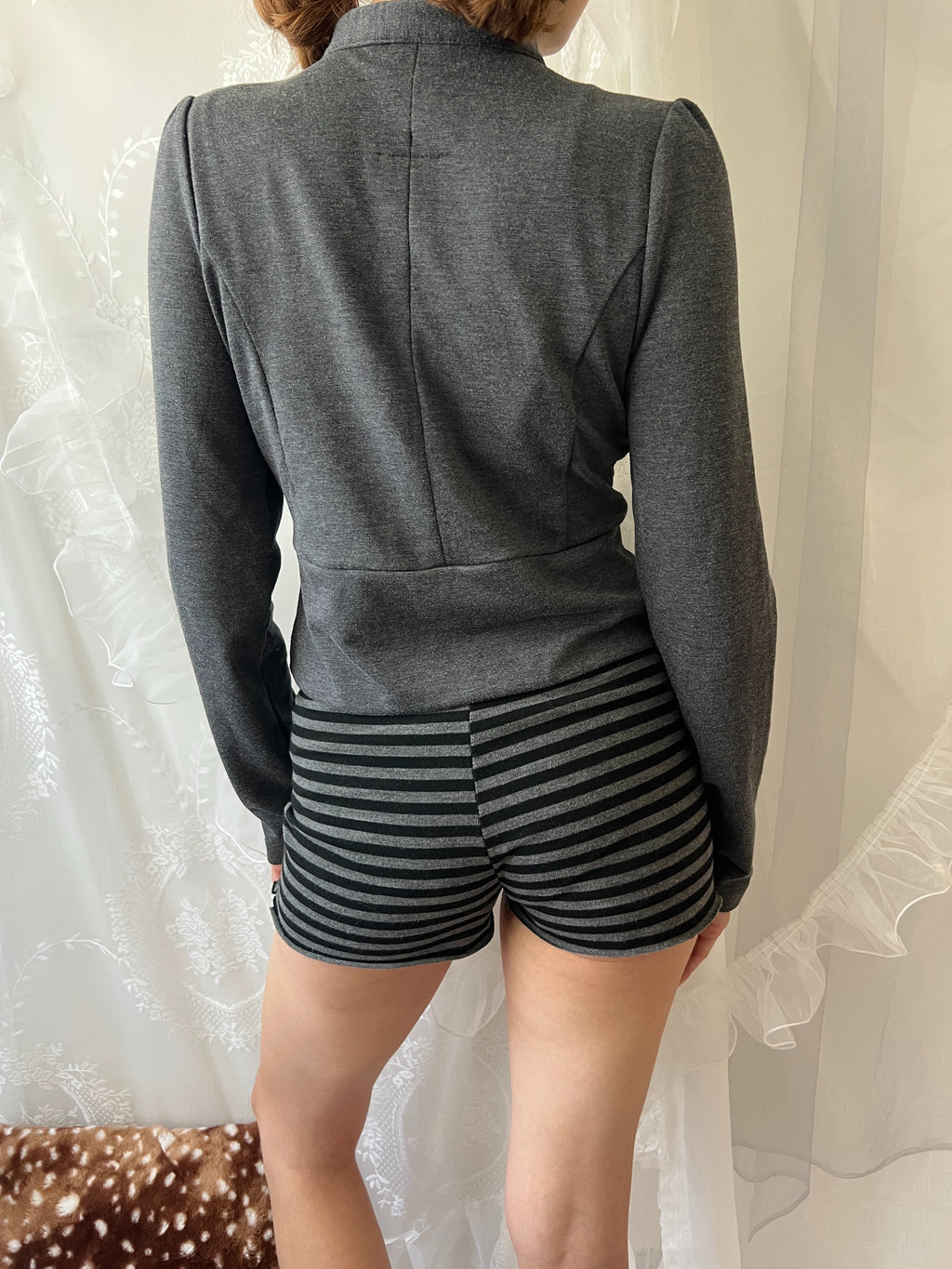 Y2K grey military style jacket with double breasted front and silver buttons