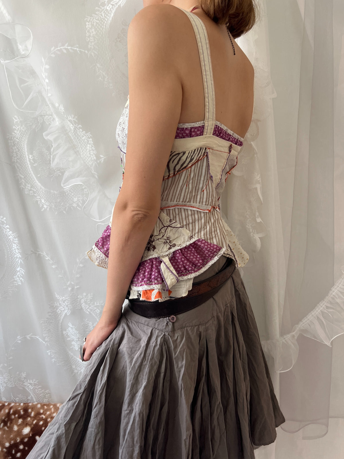 Fairy core patchwork asymmetrical tank top with ruffles and tie up detail