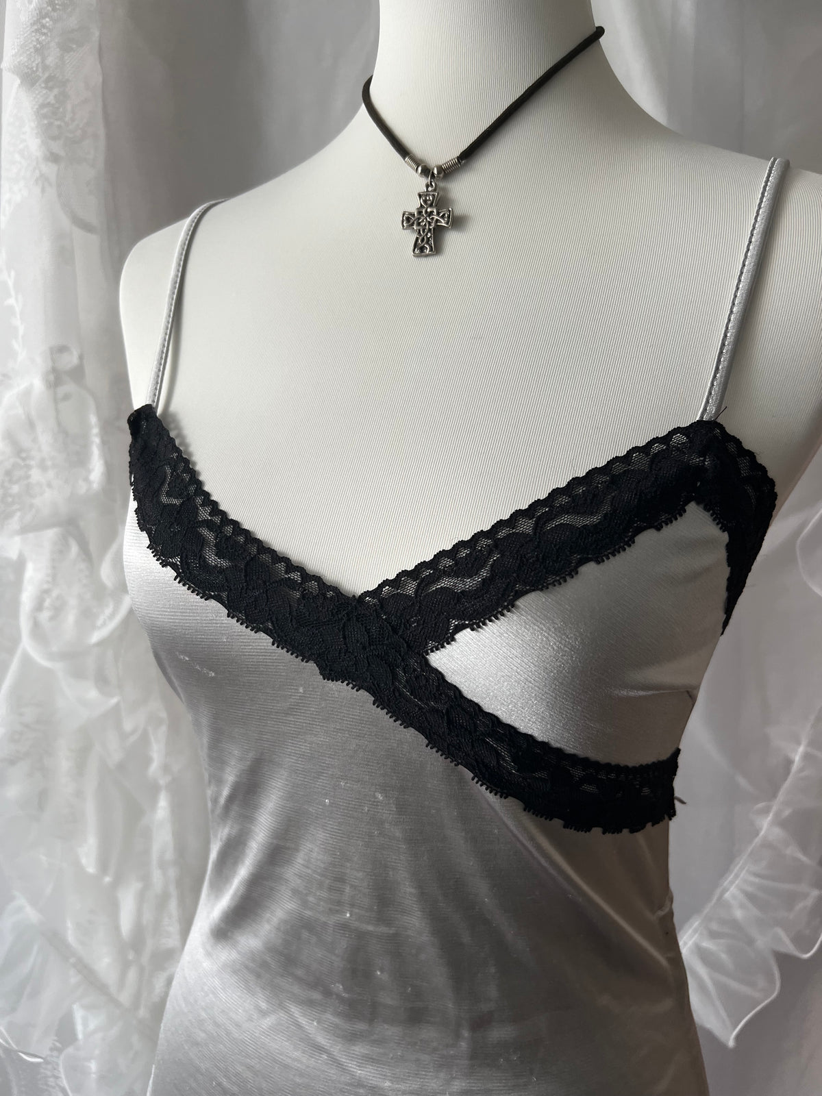 Black lace silver cami top with adjustable straps and tie detail