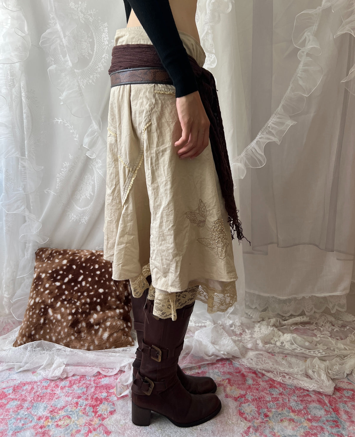 Cream fairy midi skirt with lace trim and rhinestone-flower details