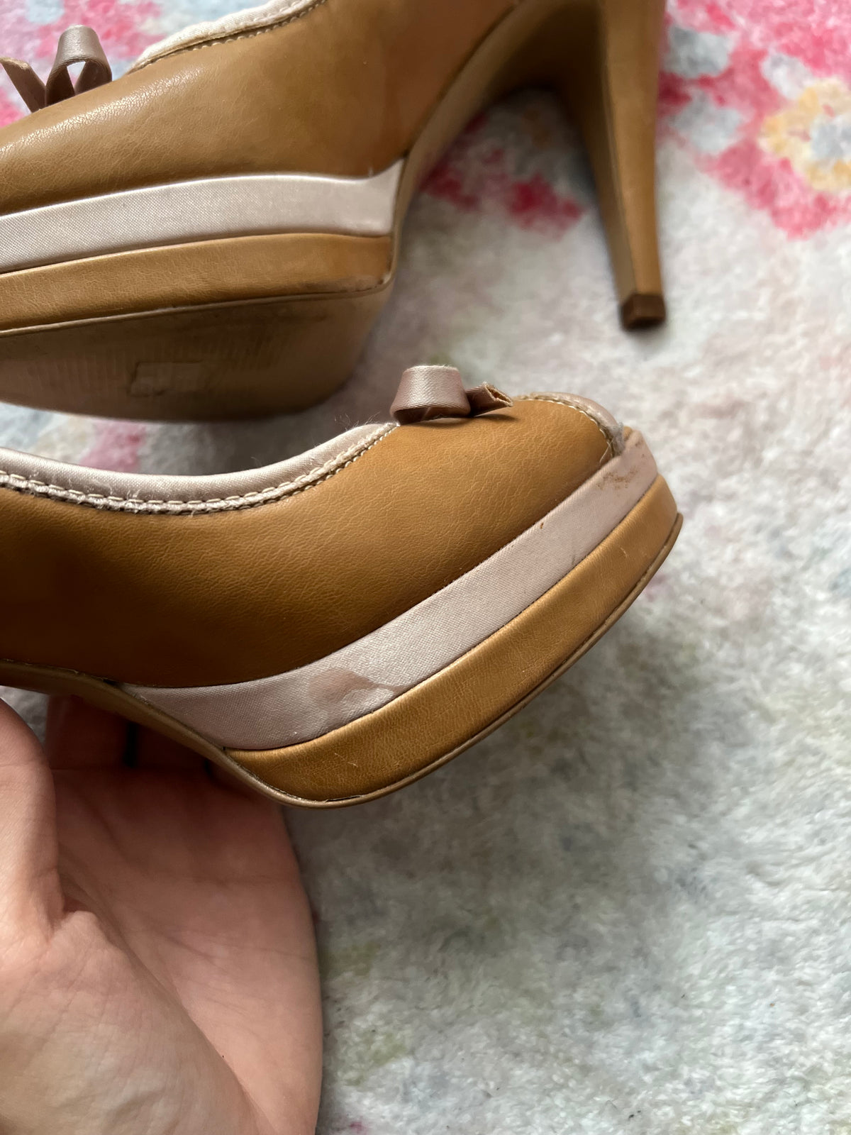 Tan peep toe heels with bow