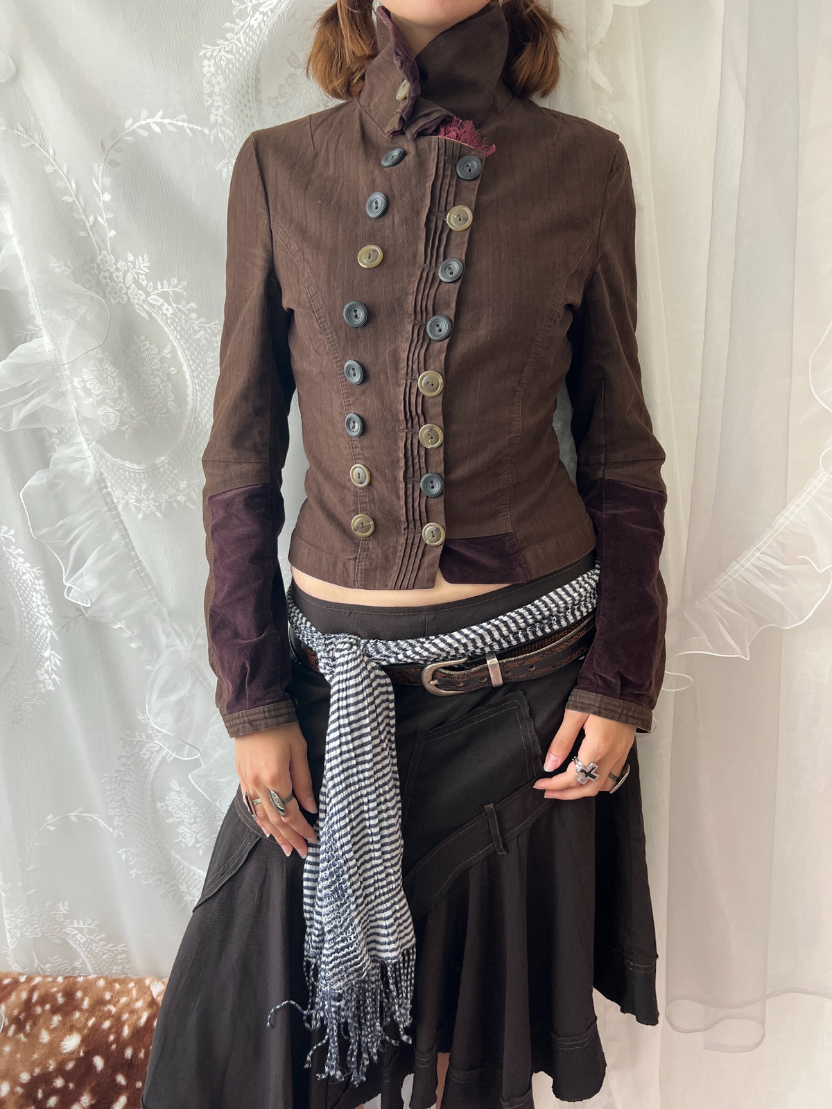 Brown double buttoned asymmetrical avant garde jacket