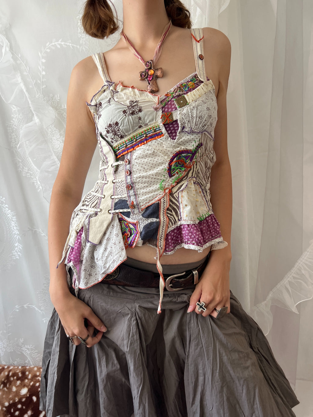 Fairy core patchwork asymmetrical tank top with ruffles and tie up detail