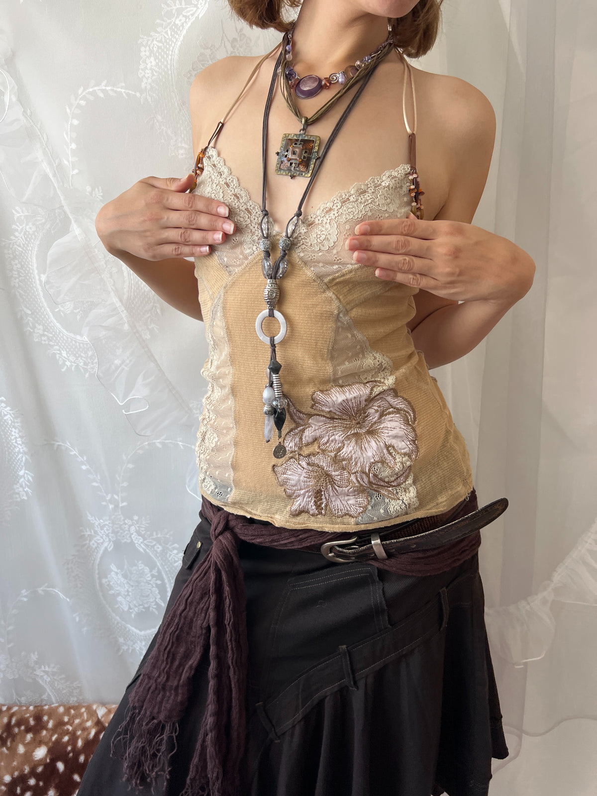 Y2K cream lace cami halter top with floral embroidery and beaded straps