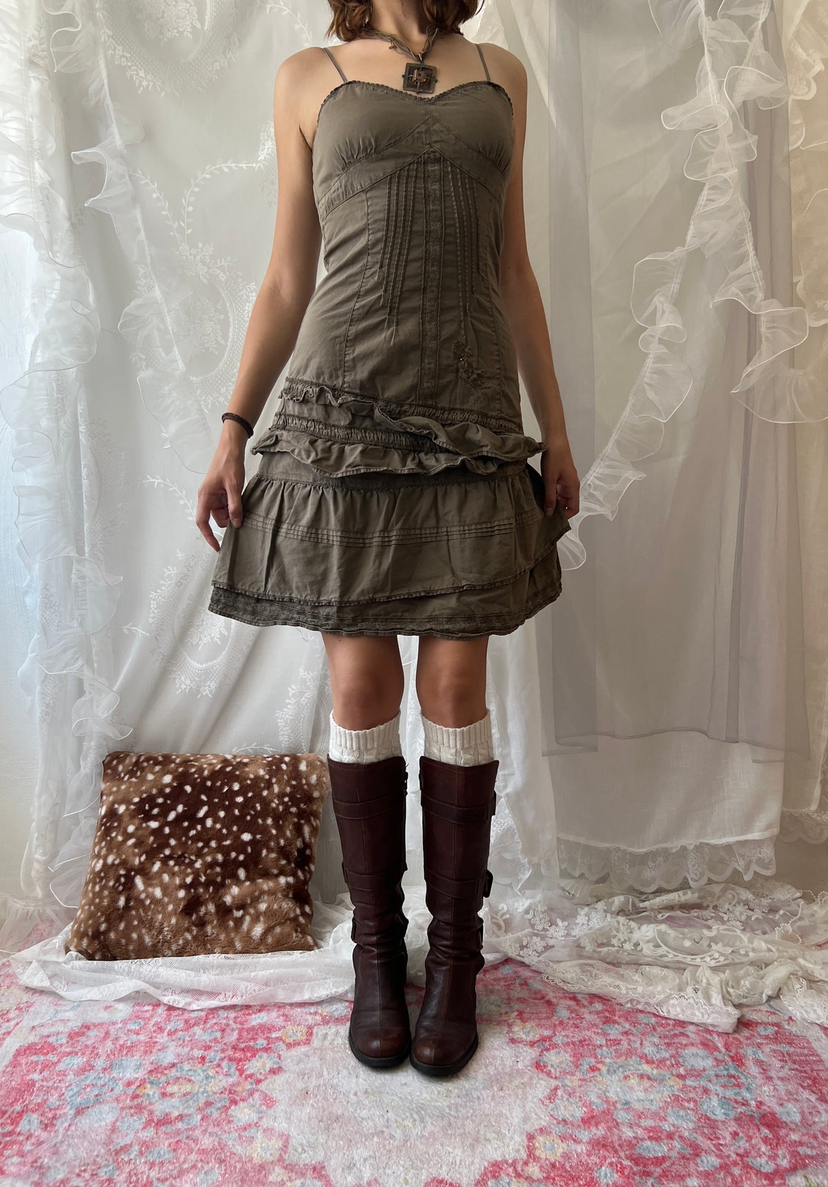 Khaki green mini dress with ruffles