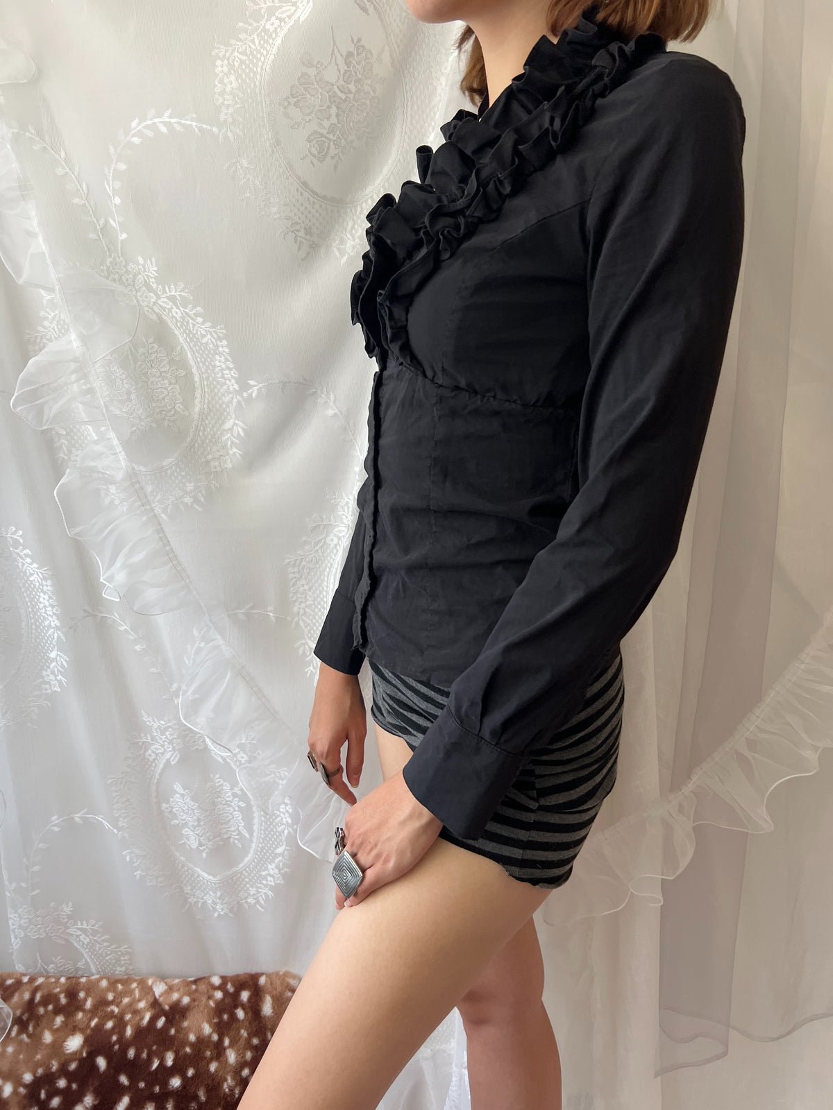 Black ruffle blouse with button up front and long sleeves