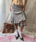 Brown & grey pleated midi skirt with lace trim and ruffles