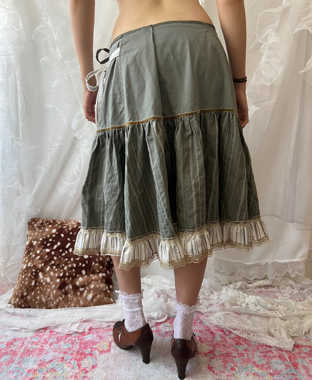 Y2K green asymmetrical striped layered ruffle midi skirt with tie waist