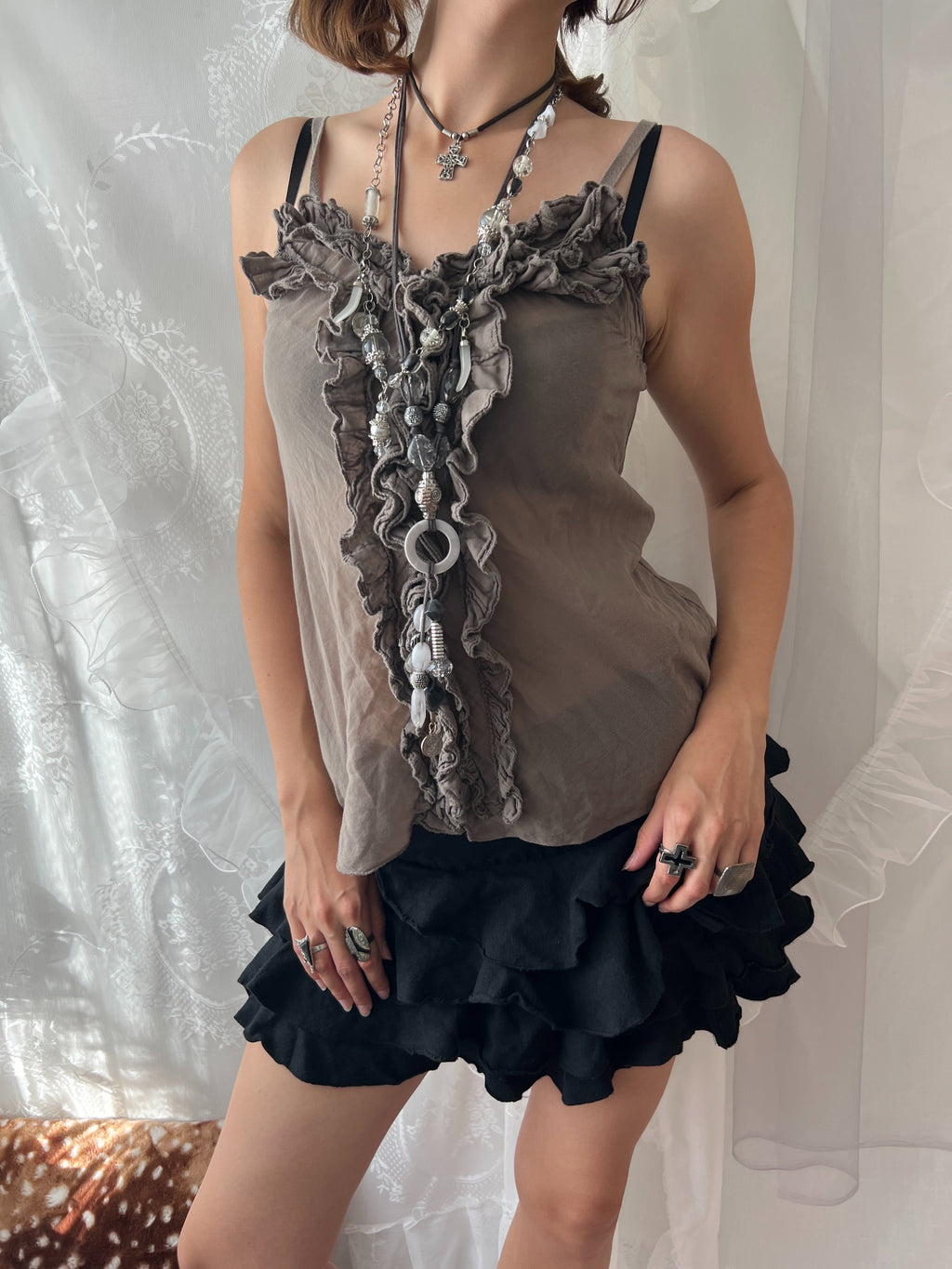Brown ruffled tank top with adjustable straps
