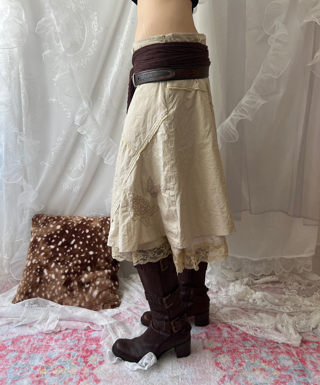 Cream fairy midi skirt with lace trim and rhinestone-flower details