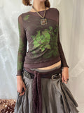 Brown sheer mesh long sleeve top with green floral design