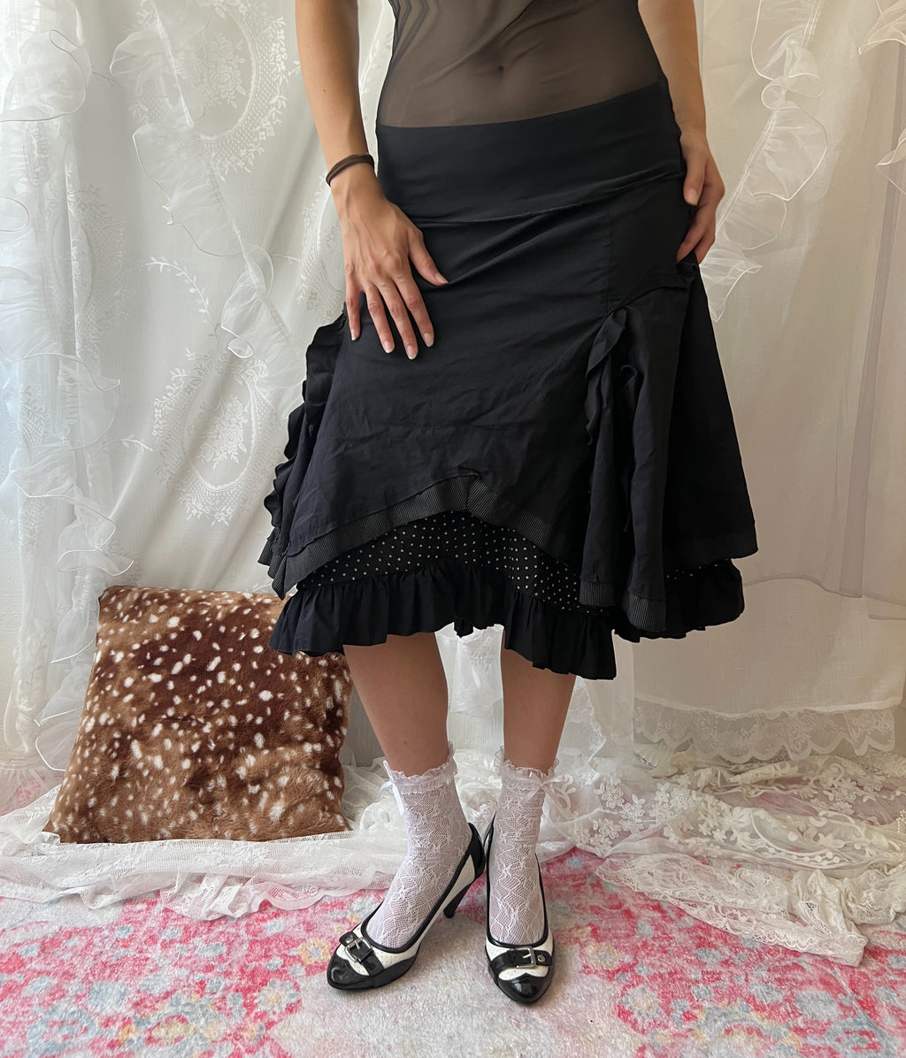 Black layered midi skirt with ruffles and polka dots