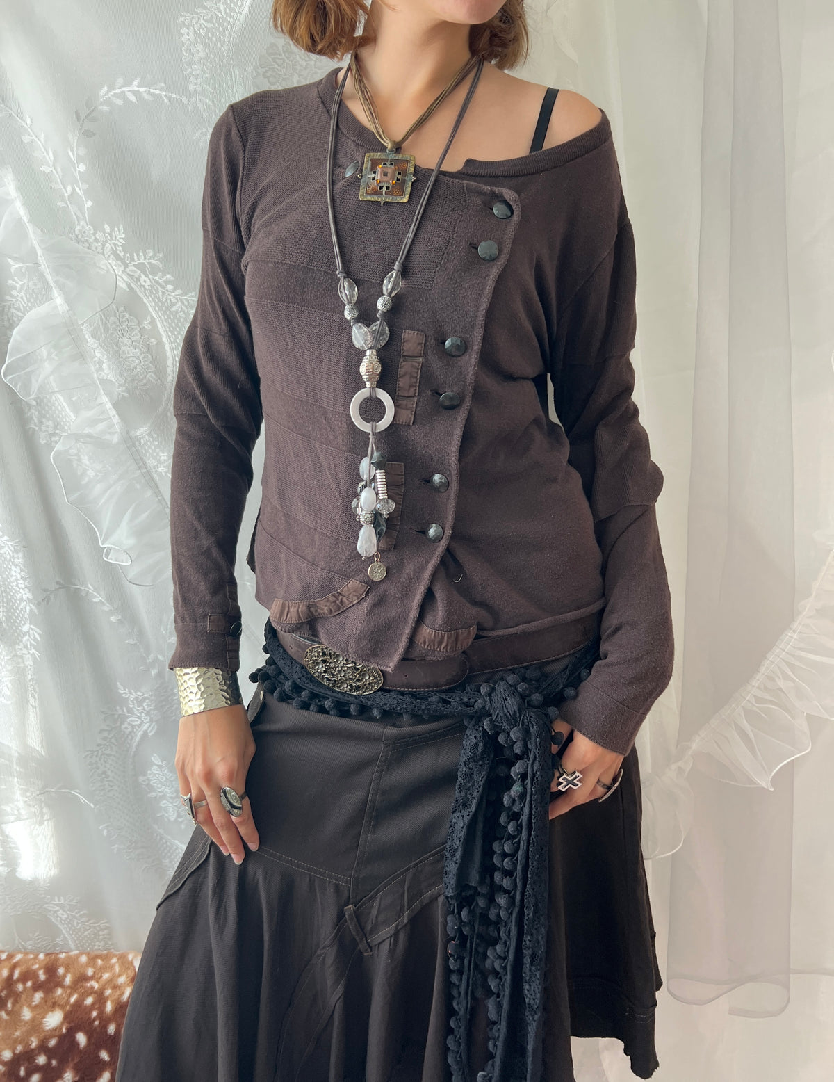 Brown off the shoulder/asymmetrical long sleeve top with button details
