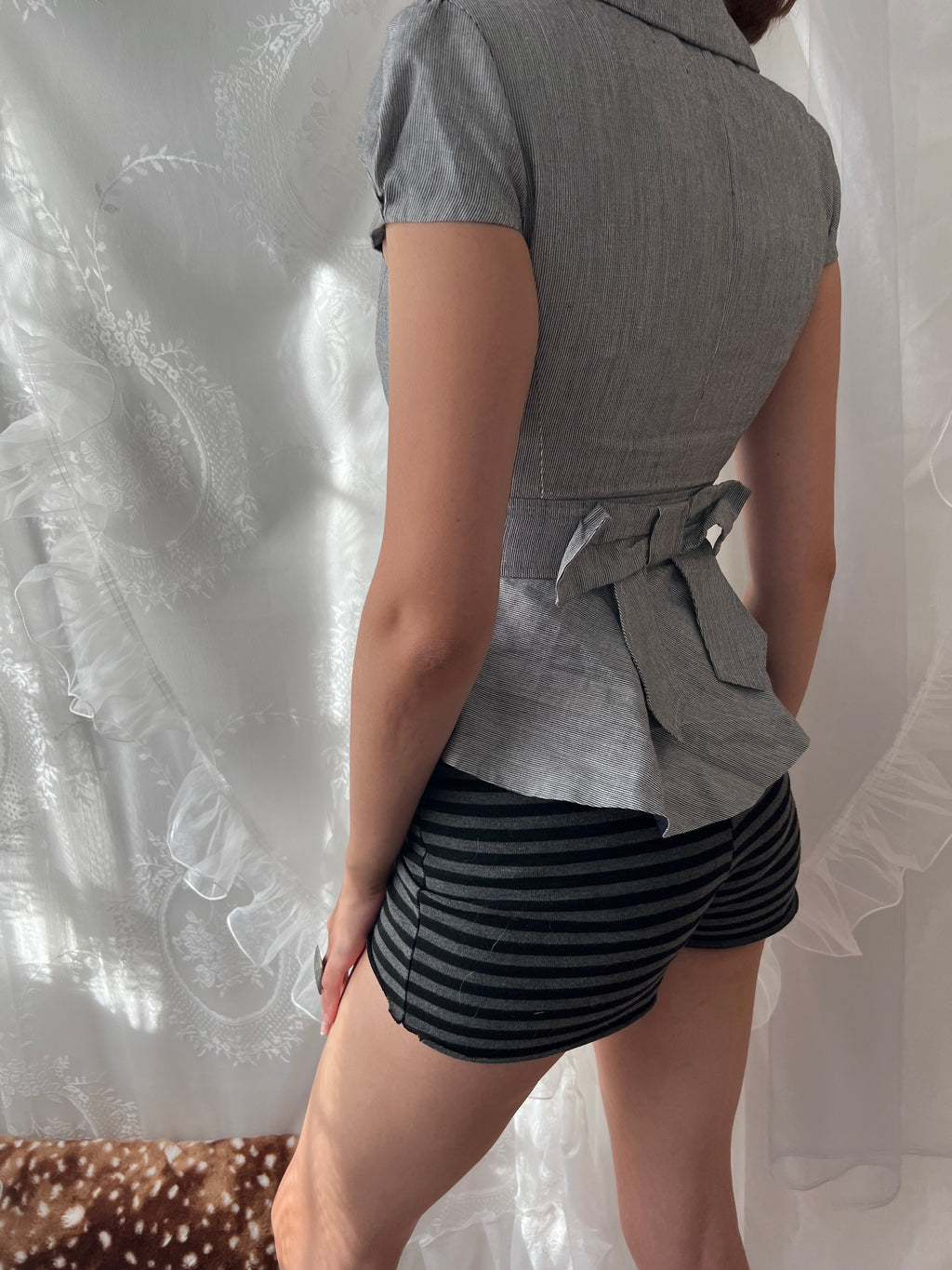 Y2K grey button up blazer jacket with ruffle details