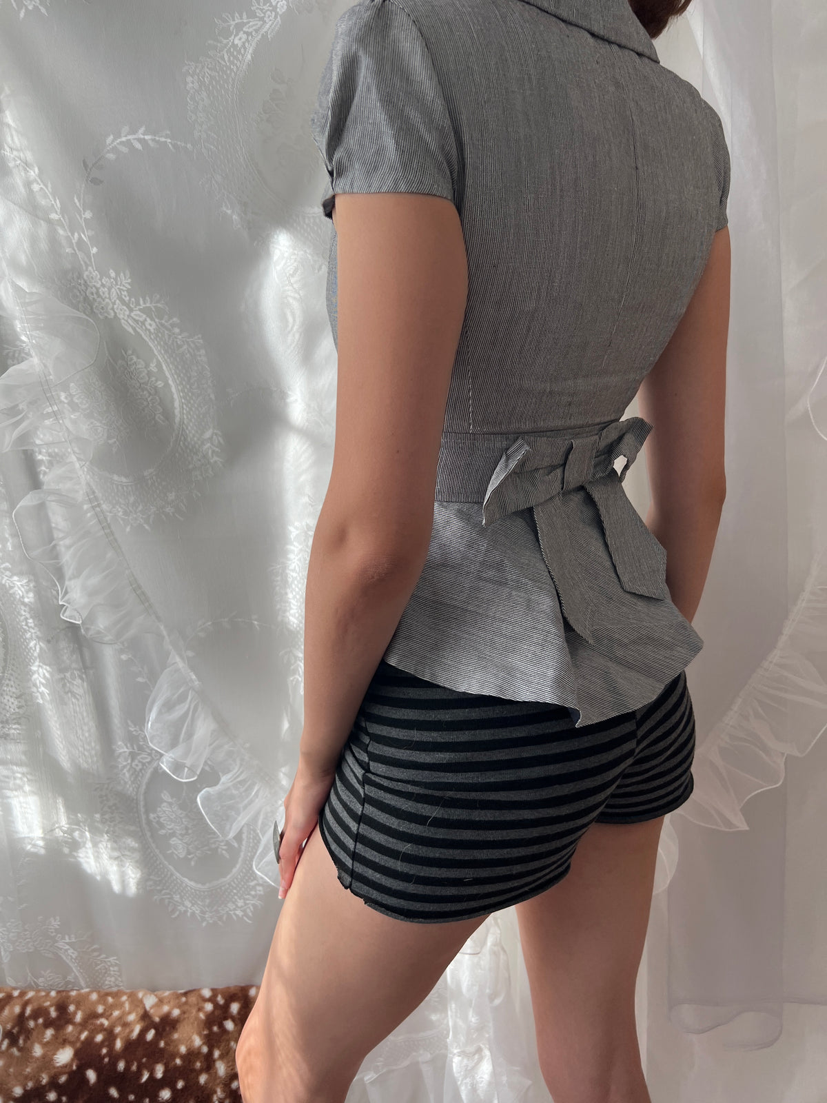 Y2K grey button up blazer jacket with ruffle details