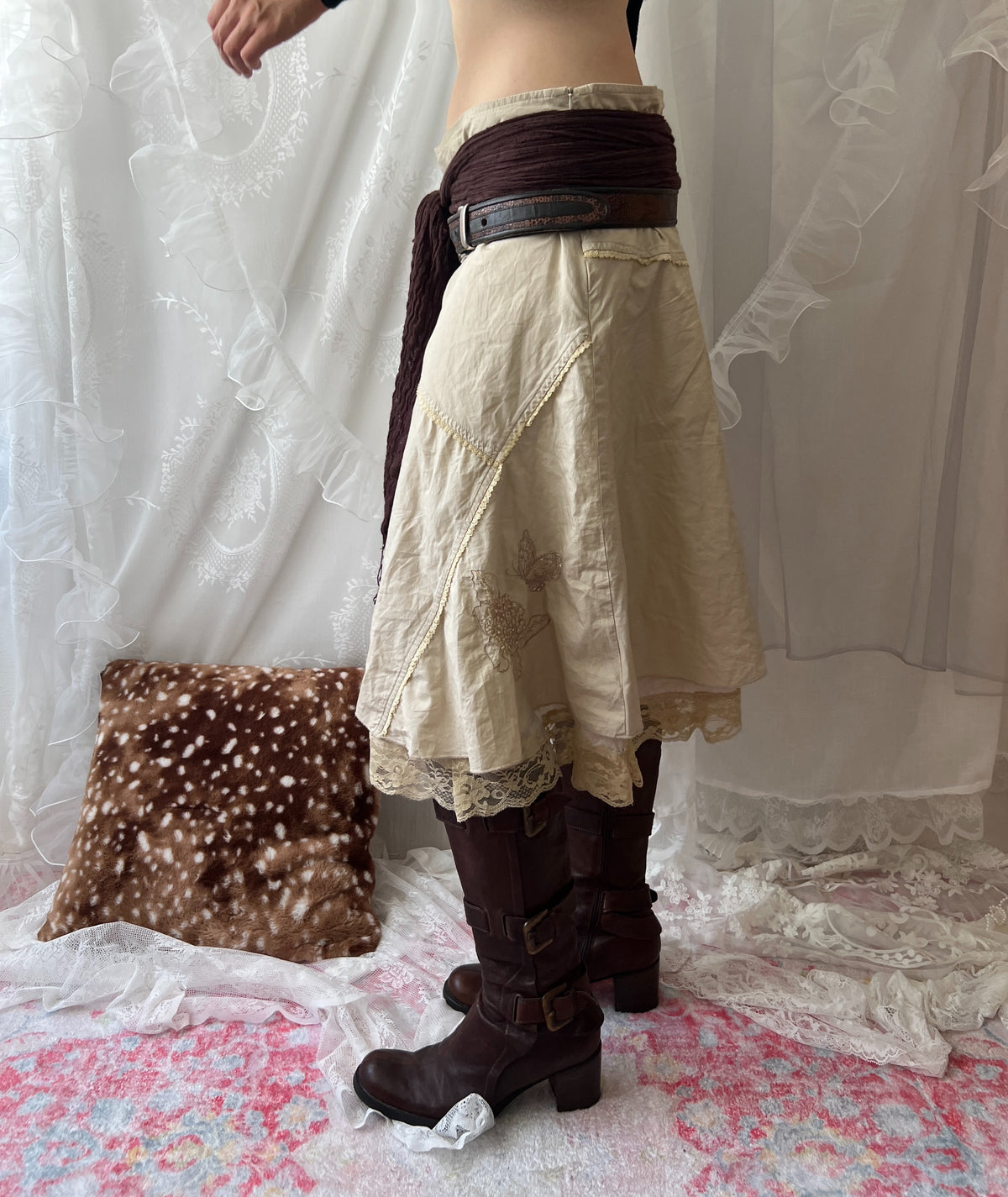 Cream fairy midi skirt with lace trim and rhinestone-flower details