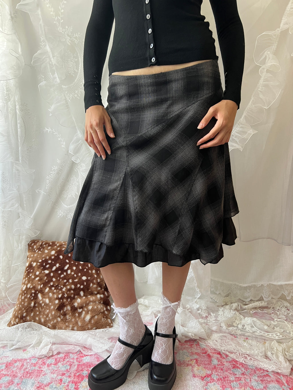 Black & grey plaid midi skirt with ruffles and a flowy hem