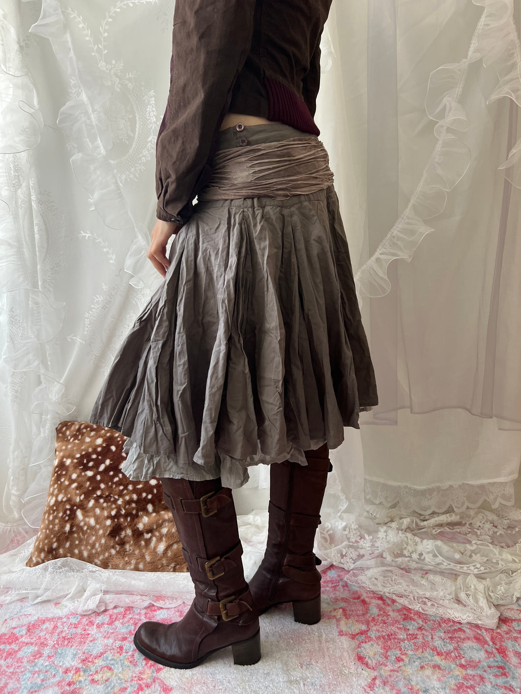 Brown pleated midi skirt with ruffle trim