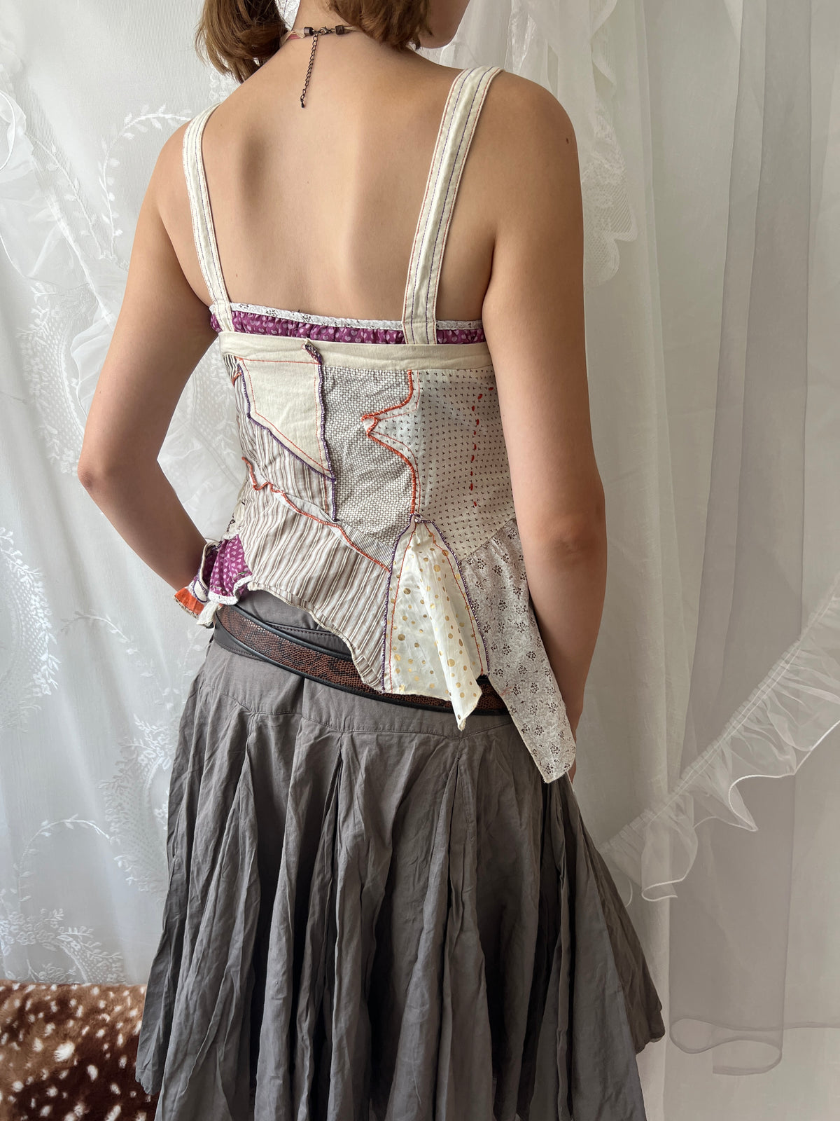 Fairy core patchwork asymmetrical tank top with ruffles and tie up detail