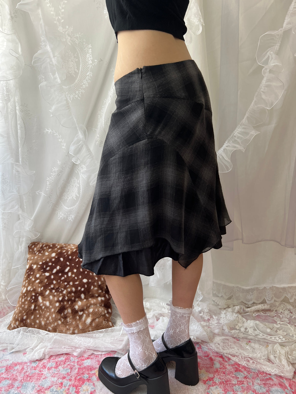 Black & grey plaid midi skirt with ruffles and a flowy hem