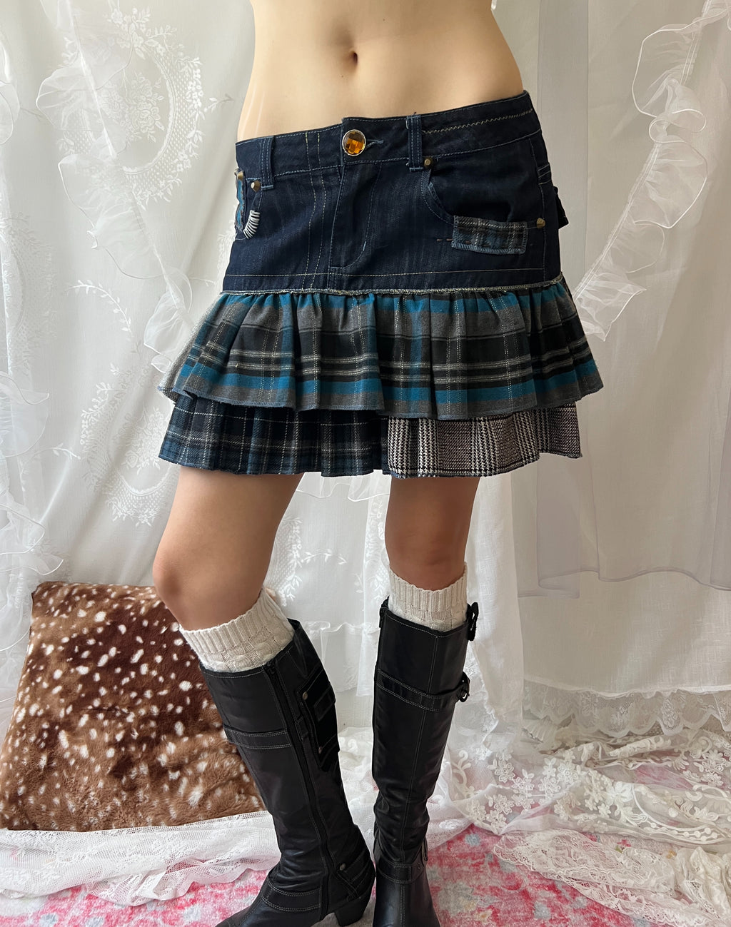Desigual patchwork denim skirt with plaid and pleated details