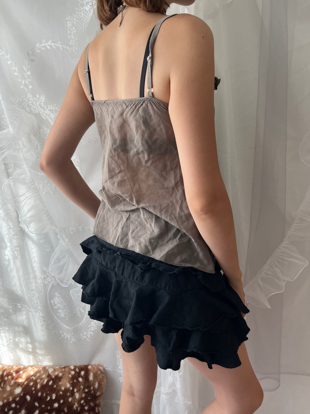 Brown ruffled tank top with adjustable straps