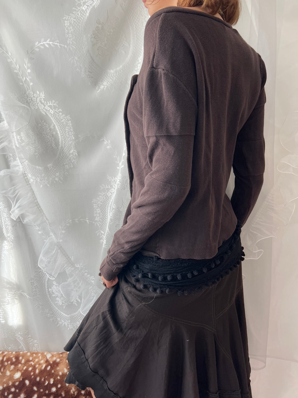 Brown off the shoulder/asymmetrical long sleeve top with button details