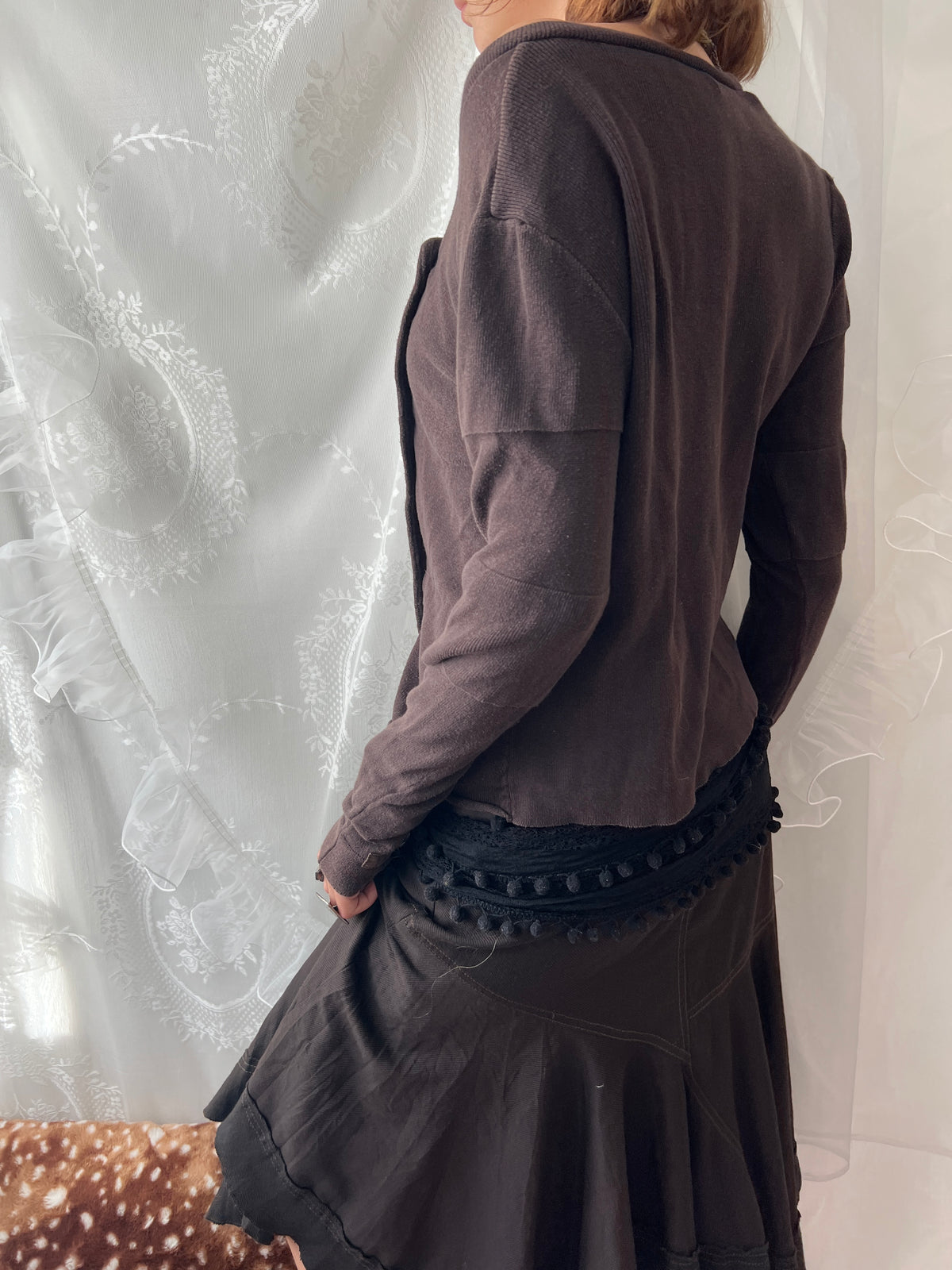 Brown off the shoulder/asymmetrical long sleeve top with button details