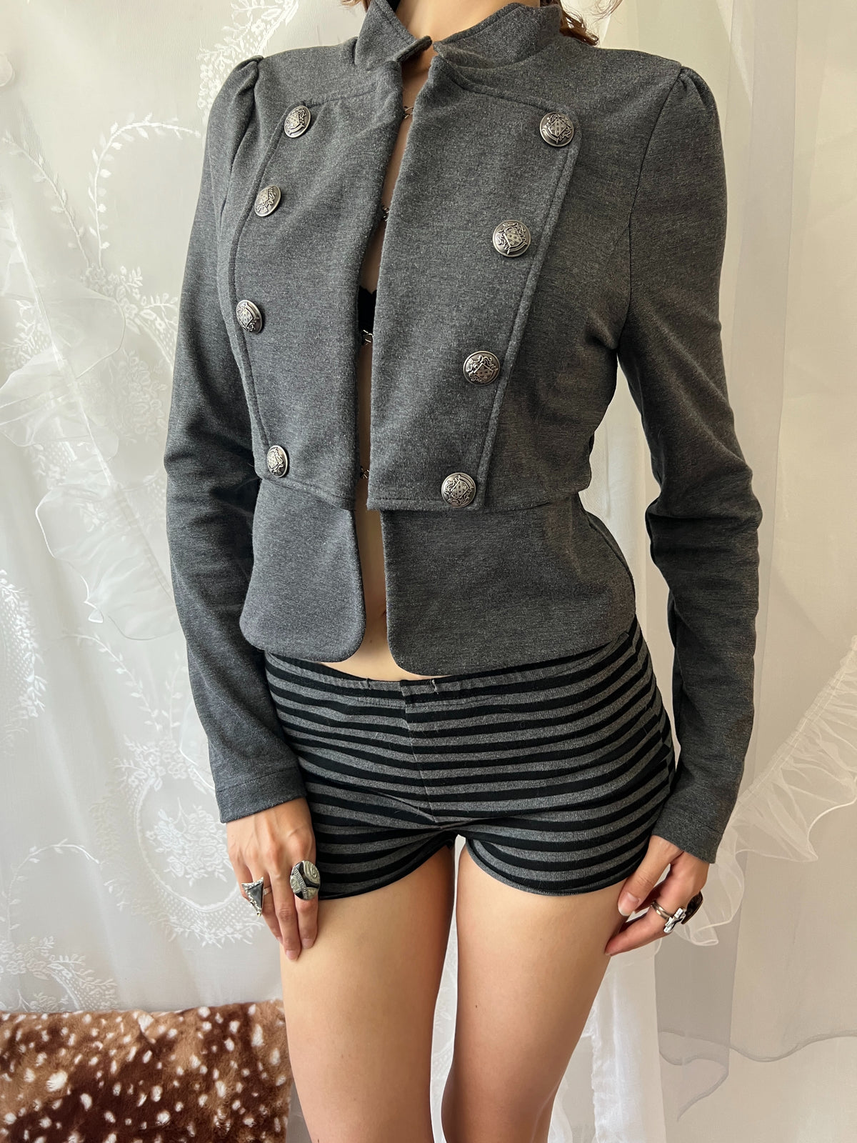 Y2K grey military style jacket with double breasted front and silver buttons