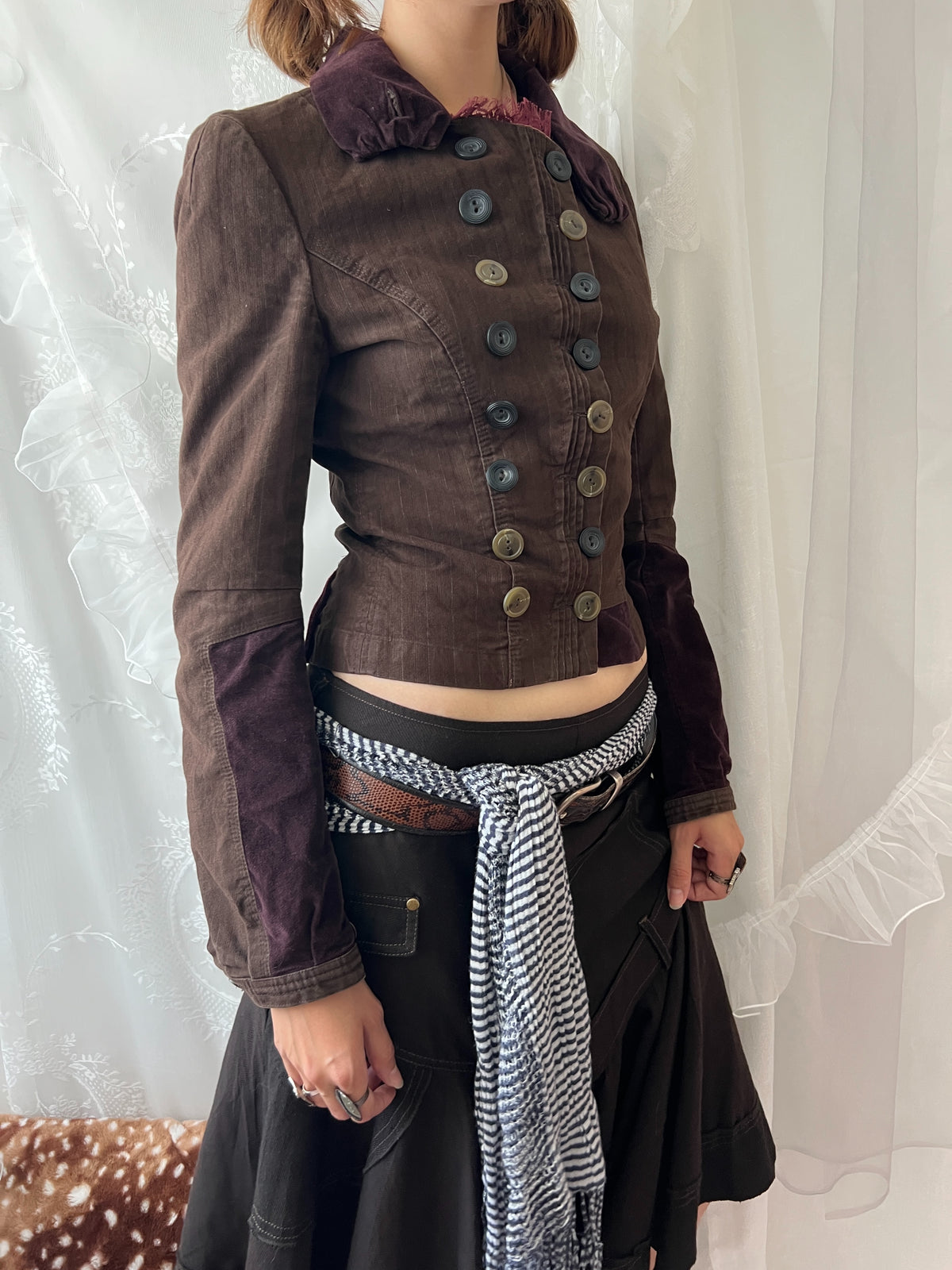Brown double buttoned asymmetrical avant garde jacket