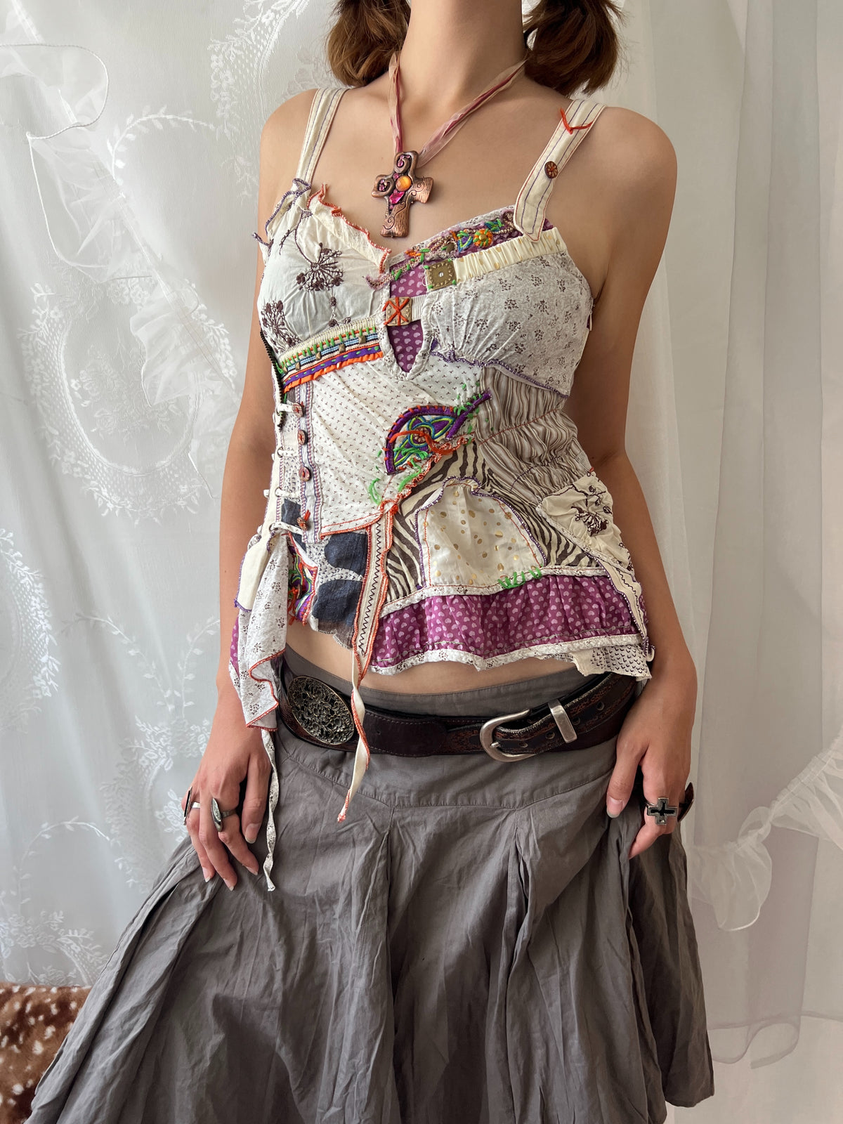 Fairy core patchwork asymmetrical tank top with ruffles and tie up detail