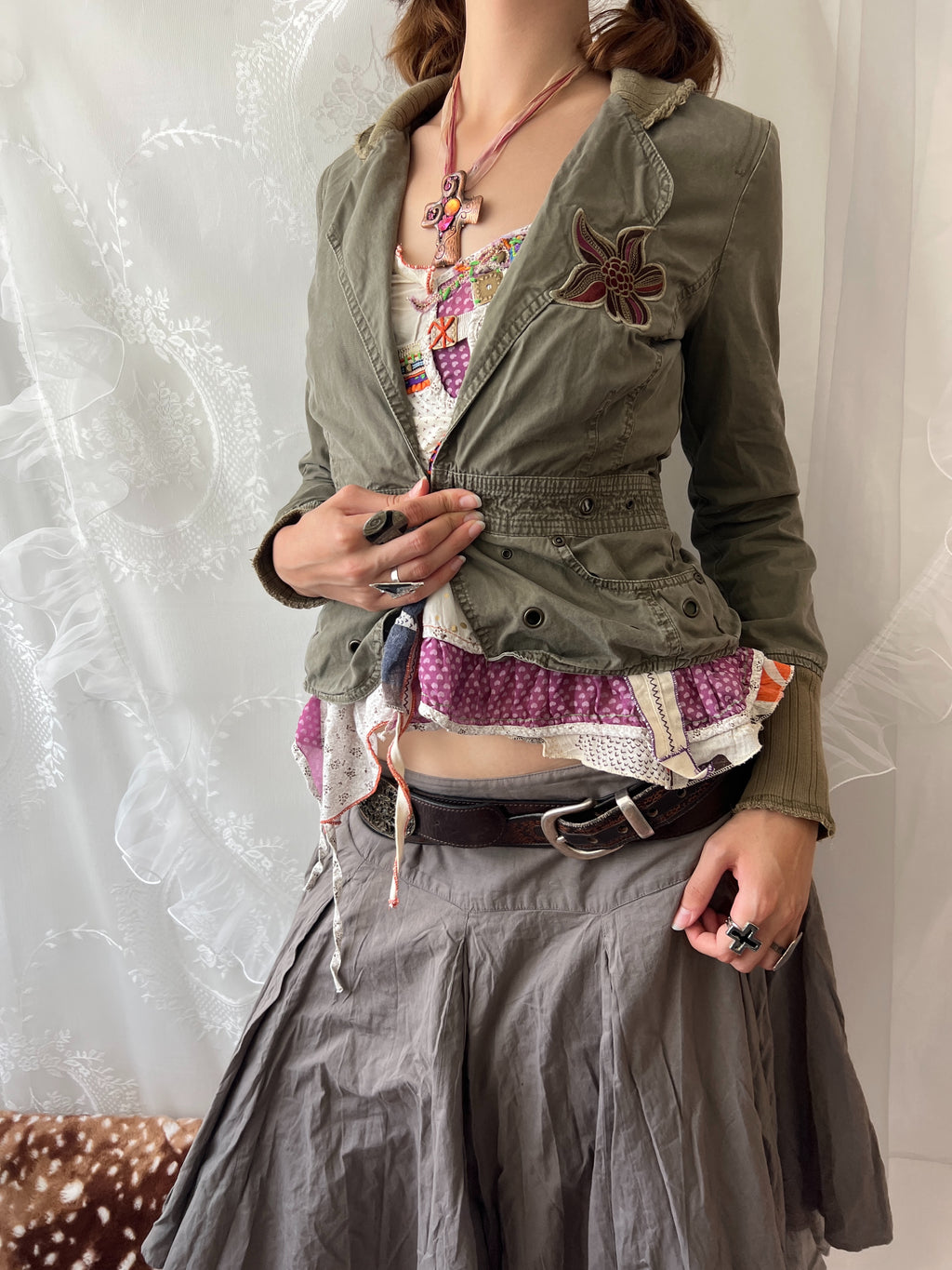 Khaki green jacket with floral embroidery