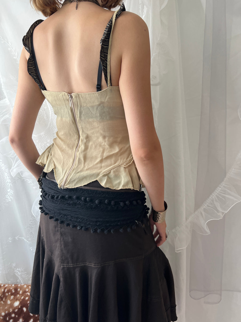 Cream & brown layered asymmetrical corset top with ruffles and lace details