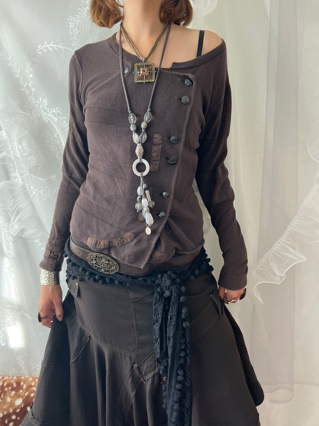 Brown off the shoulder/asymmetrical long sleeve top with button details