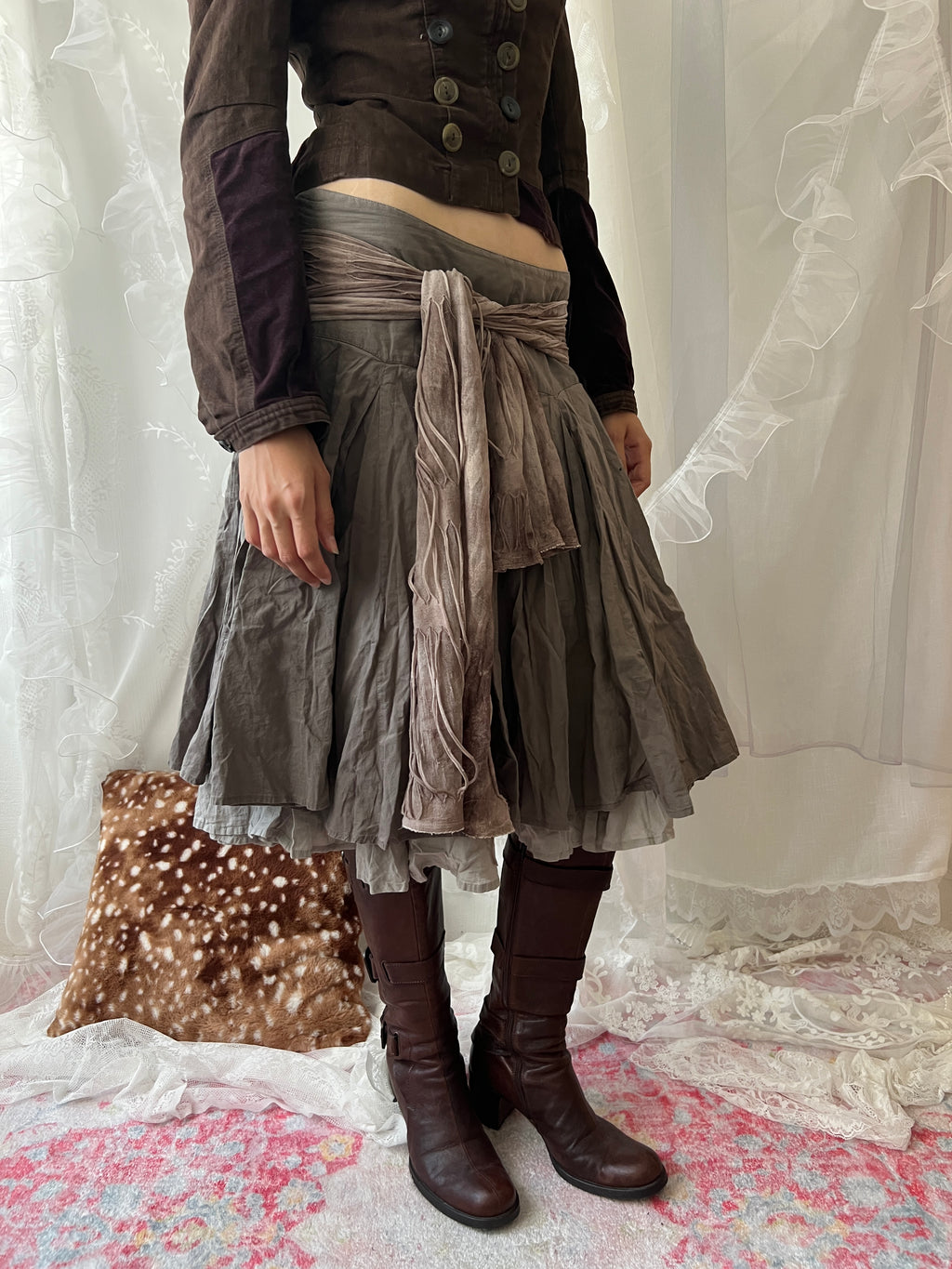 Brown pleated midi skirt with ruffle trim