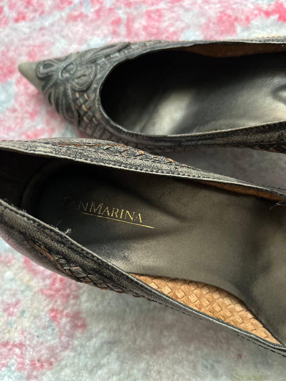 Grey snake skin kitten heels with flower detail