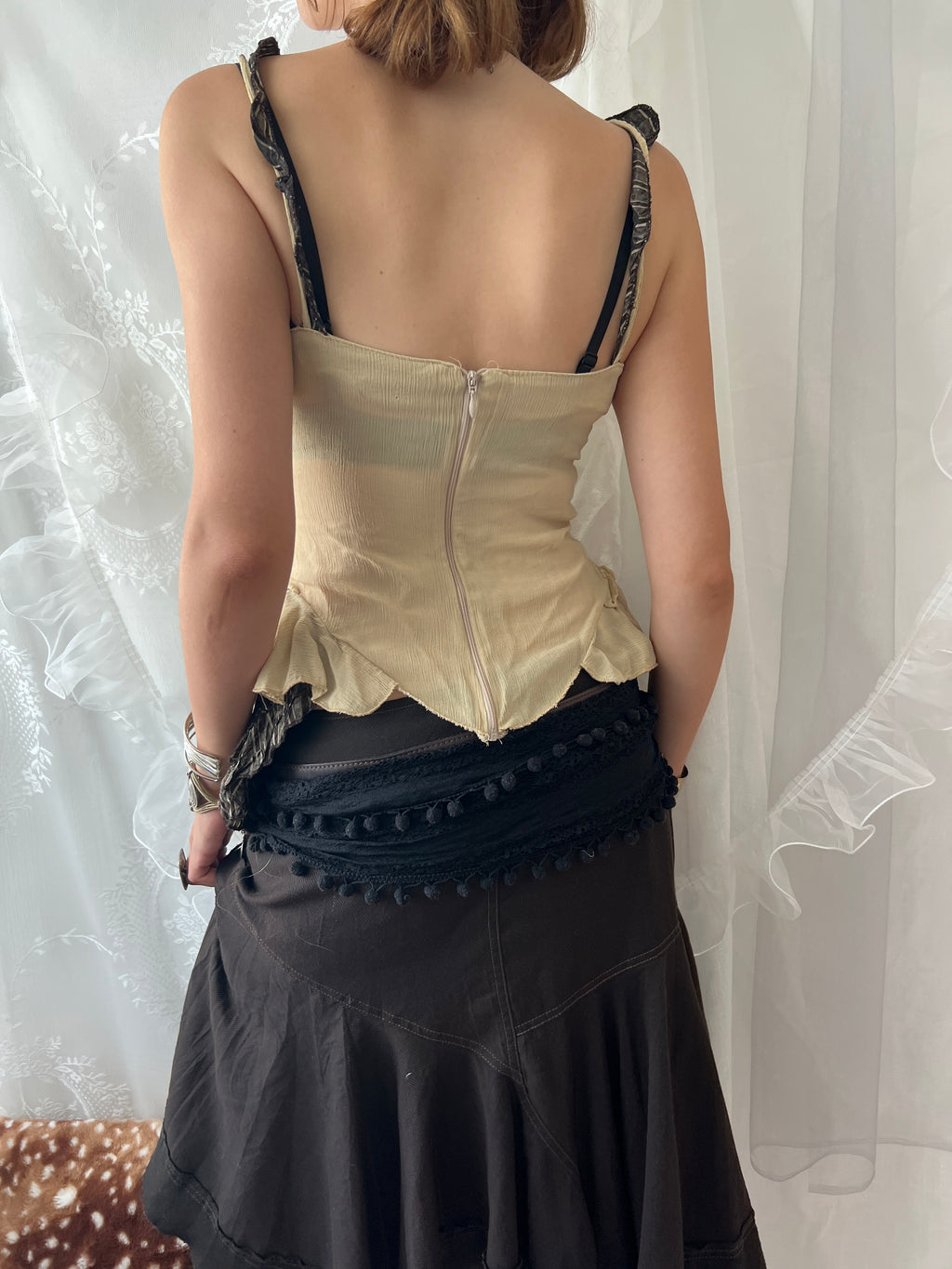 Cream & brown layered asymmetrical corset top with ruffles and lace details