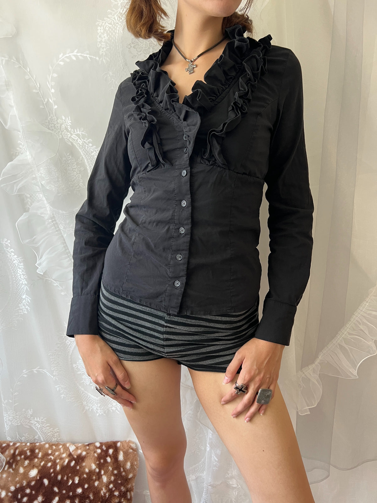 Black ruffle blouse with button up front and long sleeves