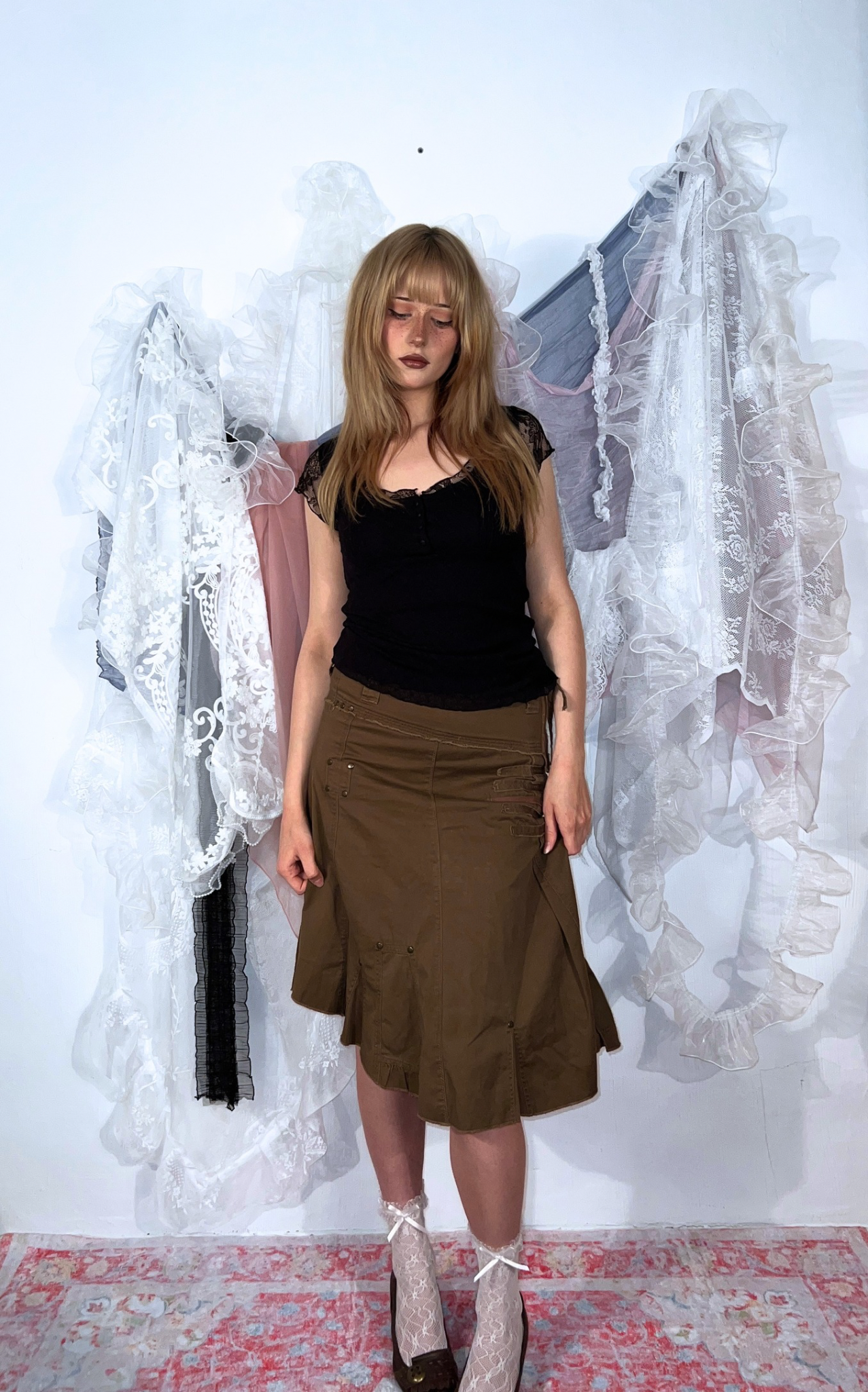 BROWN ASYMMETRICAL CARGO MIDI SKIRT