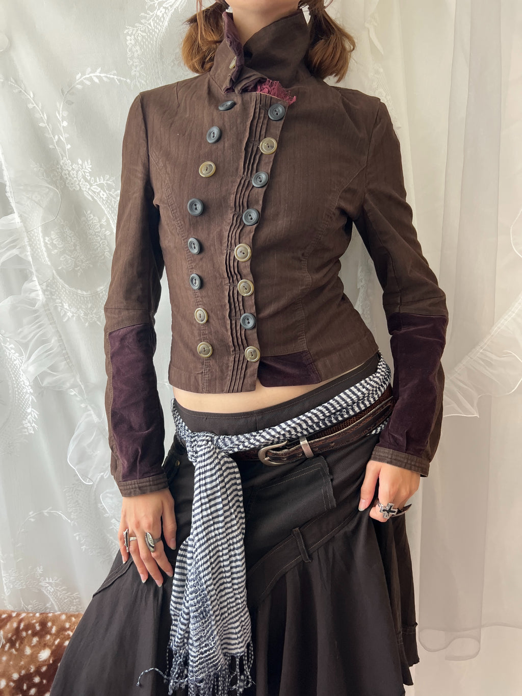 Brown double buttoned asymmetrical avant garde jacket