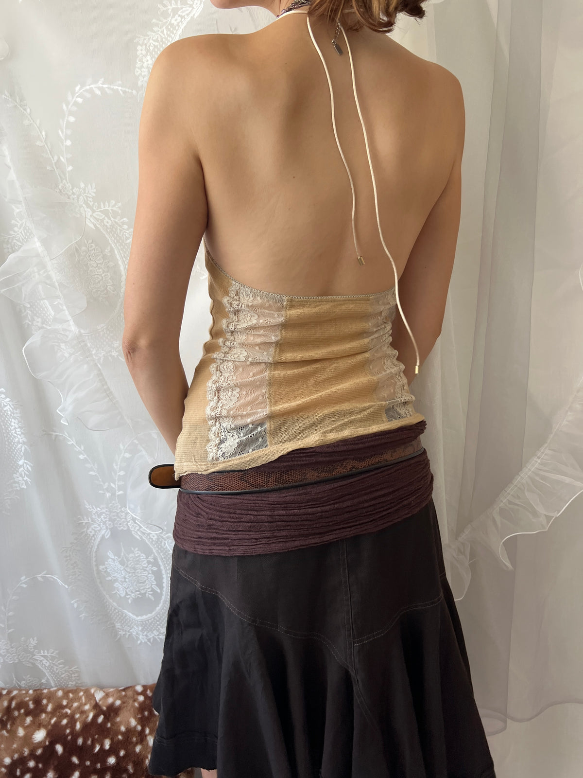 Y2K cream lace cami halter top with floral embroidery and beaded straps