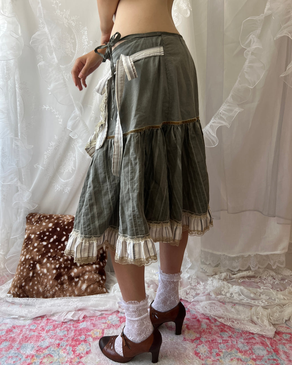 Y2K green asymmetrical striped layered ruffle midi skirt with tie waist