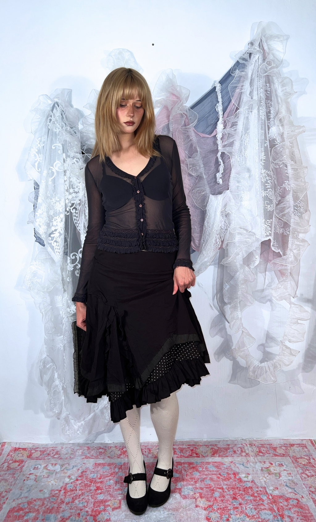 DARK BLUE SHEER RUFFLED CARDIGAN