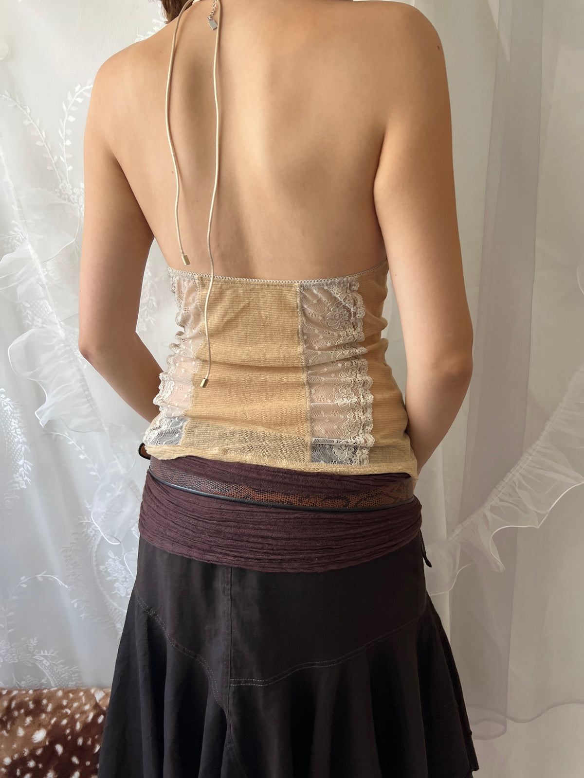 Y2K cream lace cami halter top with floral embroidery and beaded straps