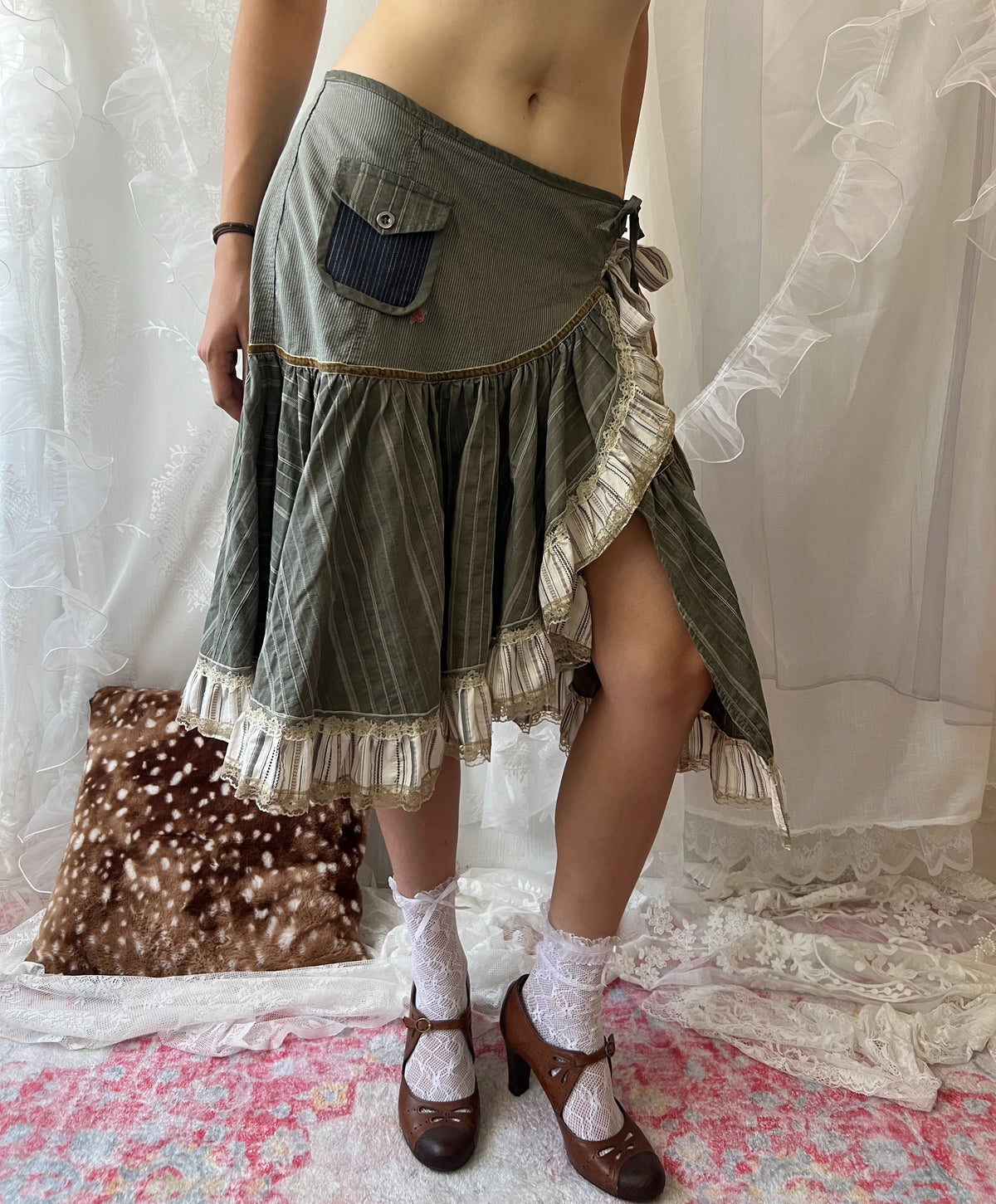Y2K green asymmetrical striped layered ruffle midi skirt with tie waist