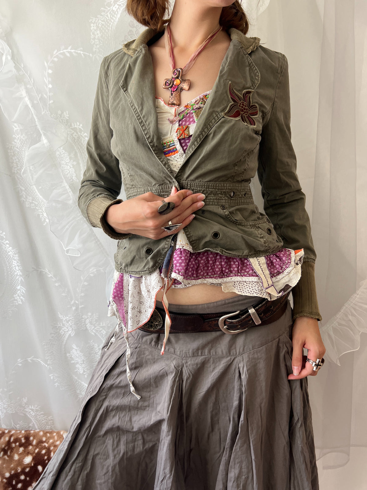 Khaki green jacket with floral embroidery
